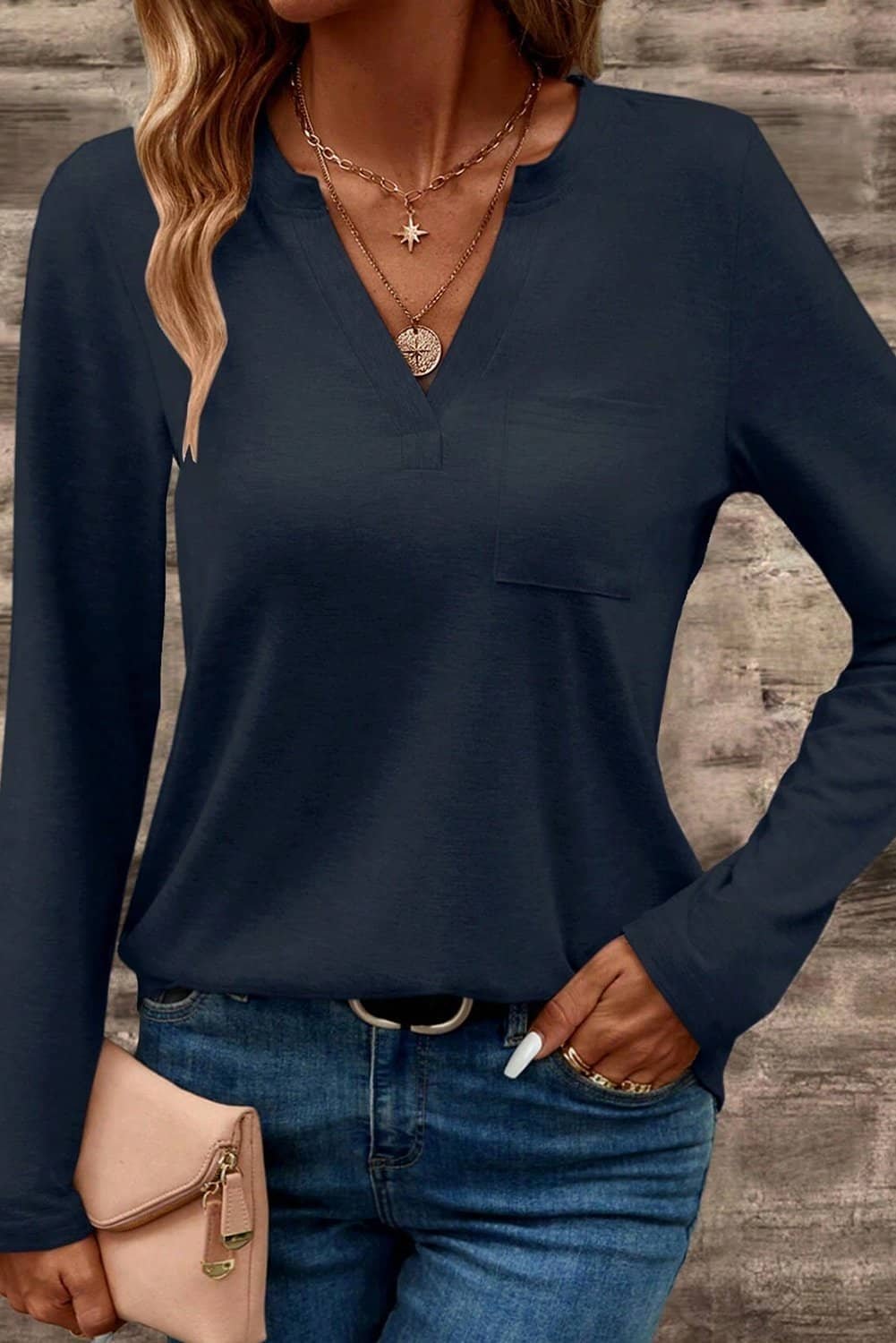 Dirty Blue Notch V Neck Pocket Patched Long Sleeve T Shirt