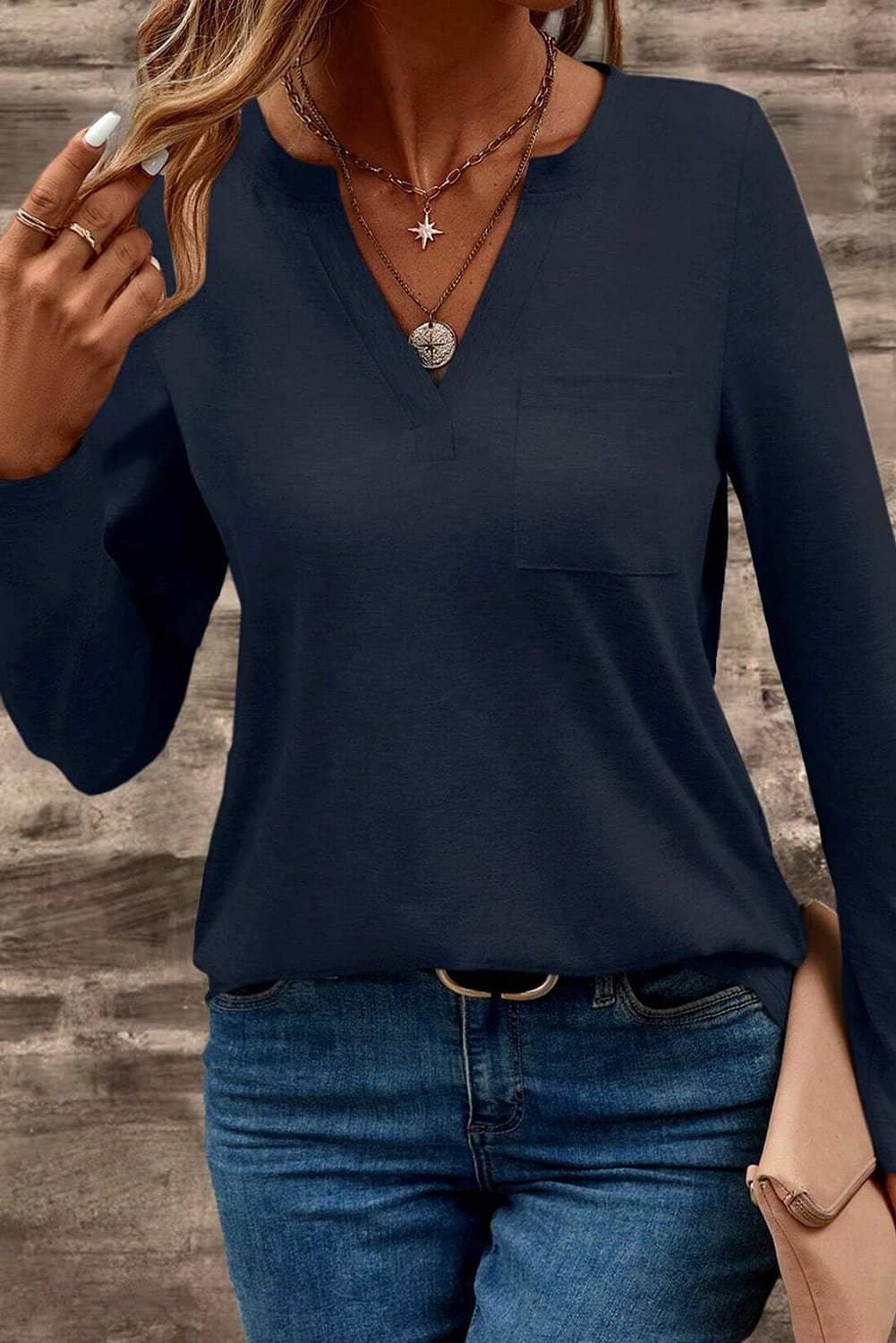 Dirty Blue Notch V Neck Pocket Patched Long Sleeve T Shirt