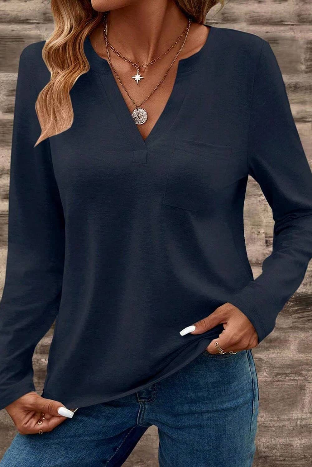 Dirty Blue Notch V Neck Pocket Patched Long Sleeve T Shirt