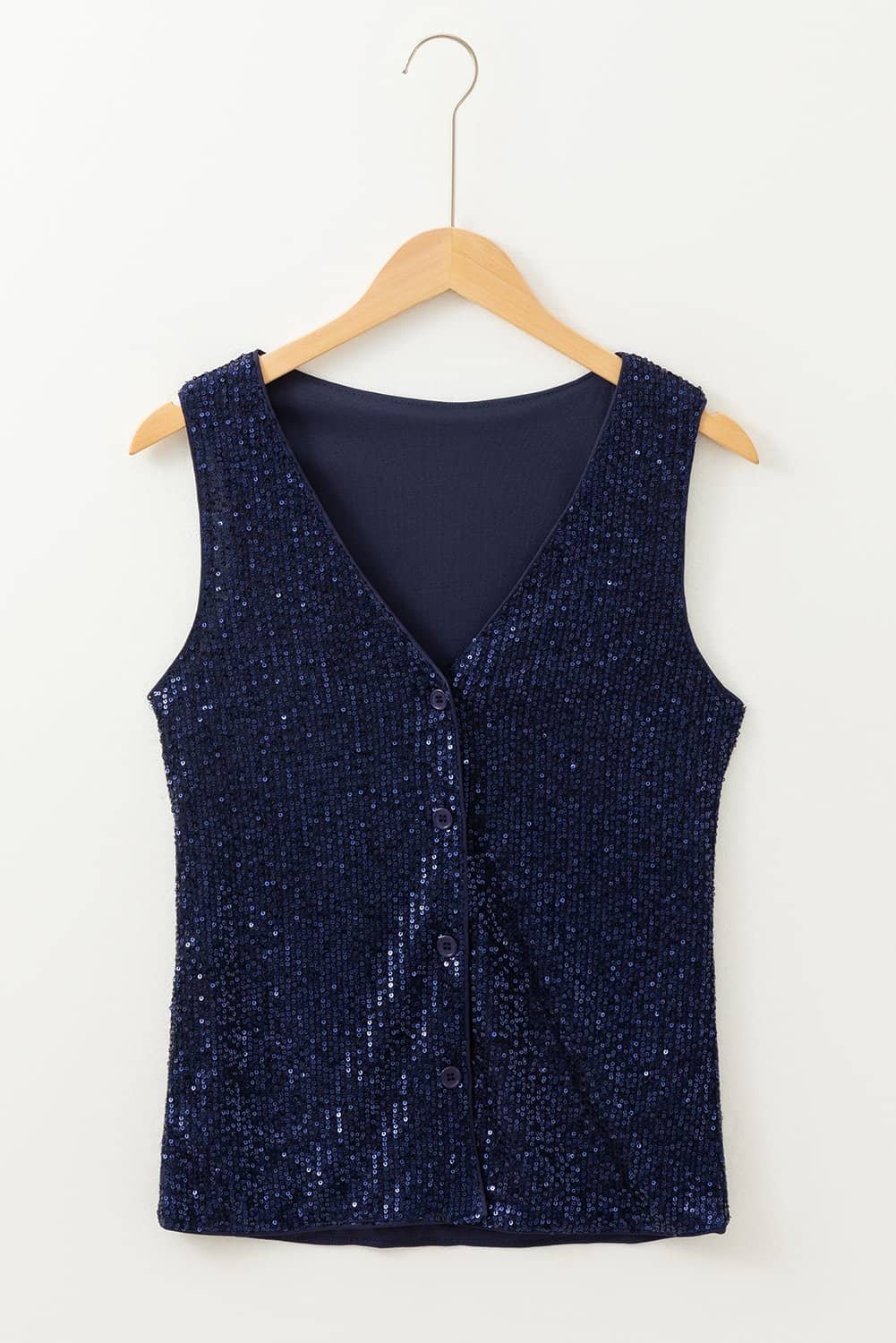 Dirty Blue Sequined Deep V Neck Buttoned Tank Top