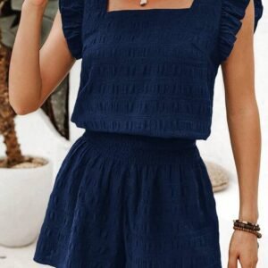 Dirty Blue Textured Square Neck Top And Shirred High Waist Shorts Set