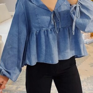 Dusk Blue Denim Lapel Neck Balloon Sleeve Tied Peplum Top