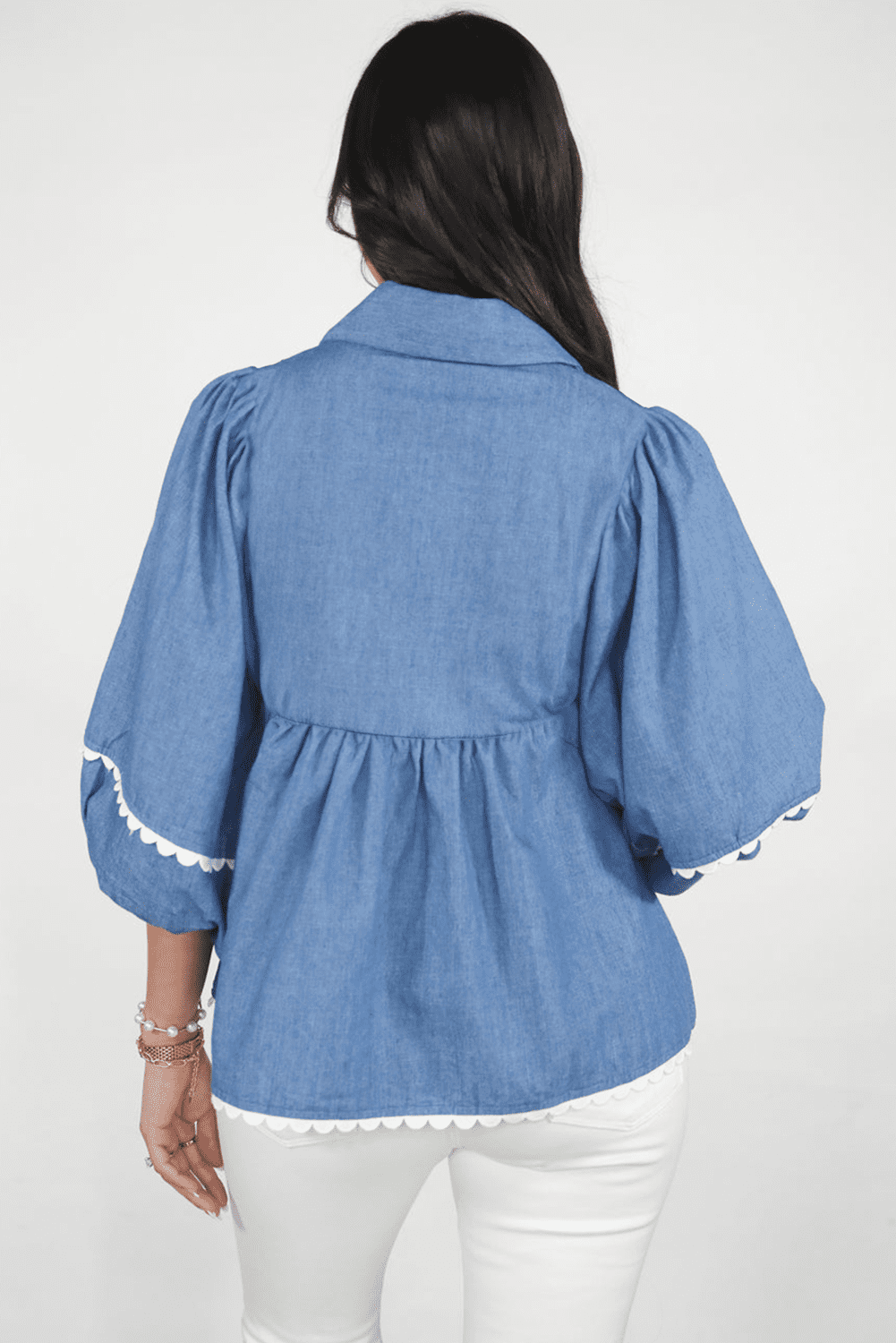 Dusk Blue Lace Ric Rac 3/4 Puff Sleeve Collared Babydoll Blouse