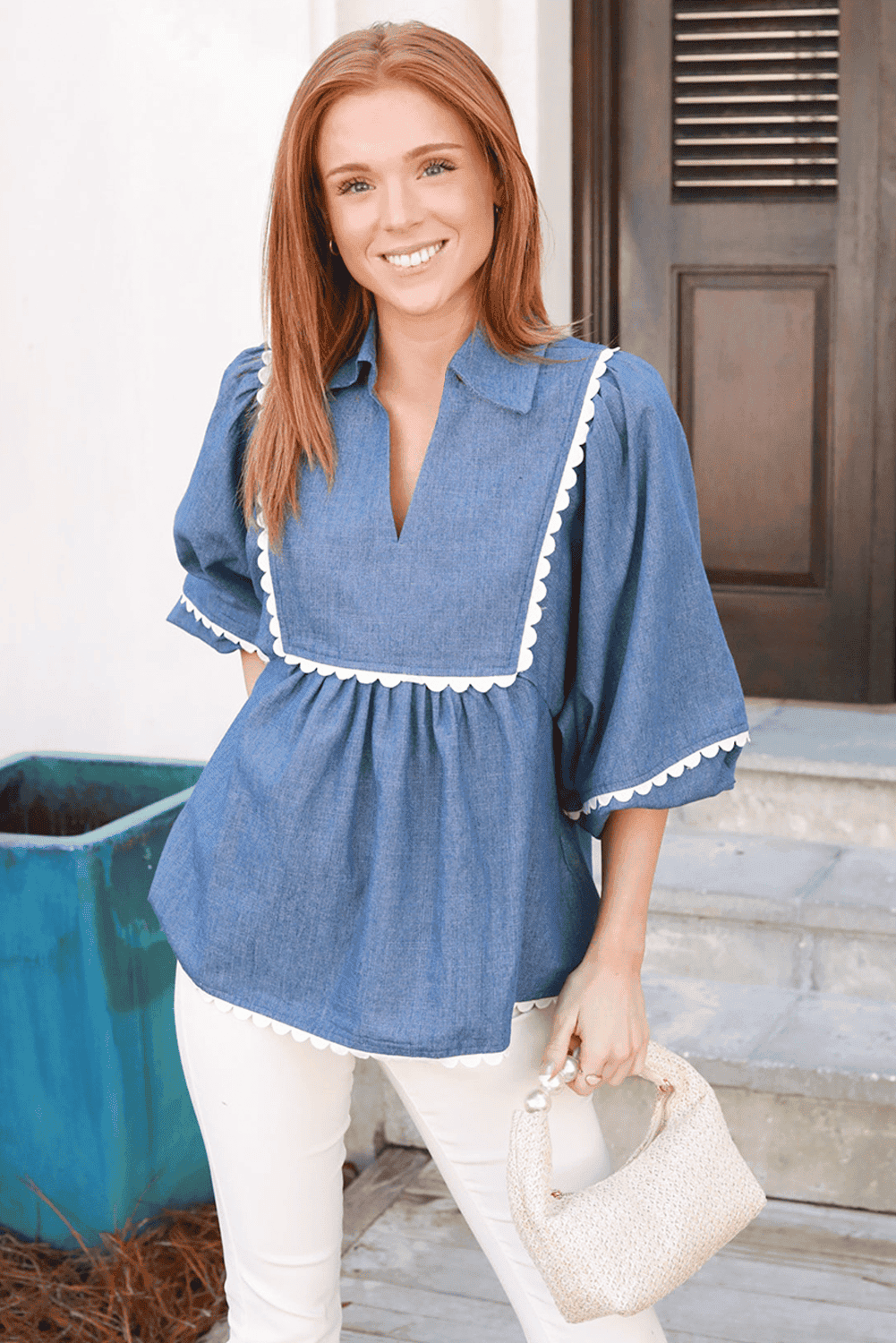 Dusk Blue Lace Ric Rac 3/4 Puff Sleeve Collared Babydoll Blouse