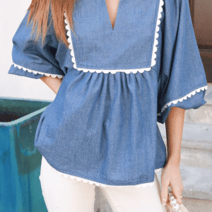 Dusk Blue Lace Ric Rac 3/4 Puff Sleeve Collared Babydoll Blouse