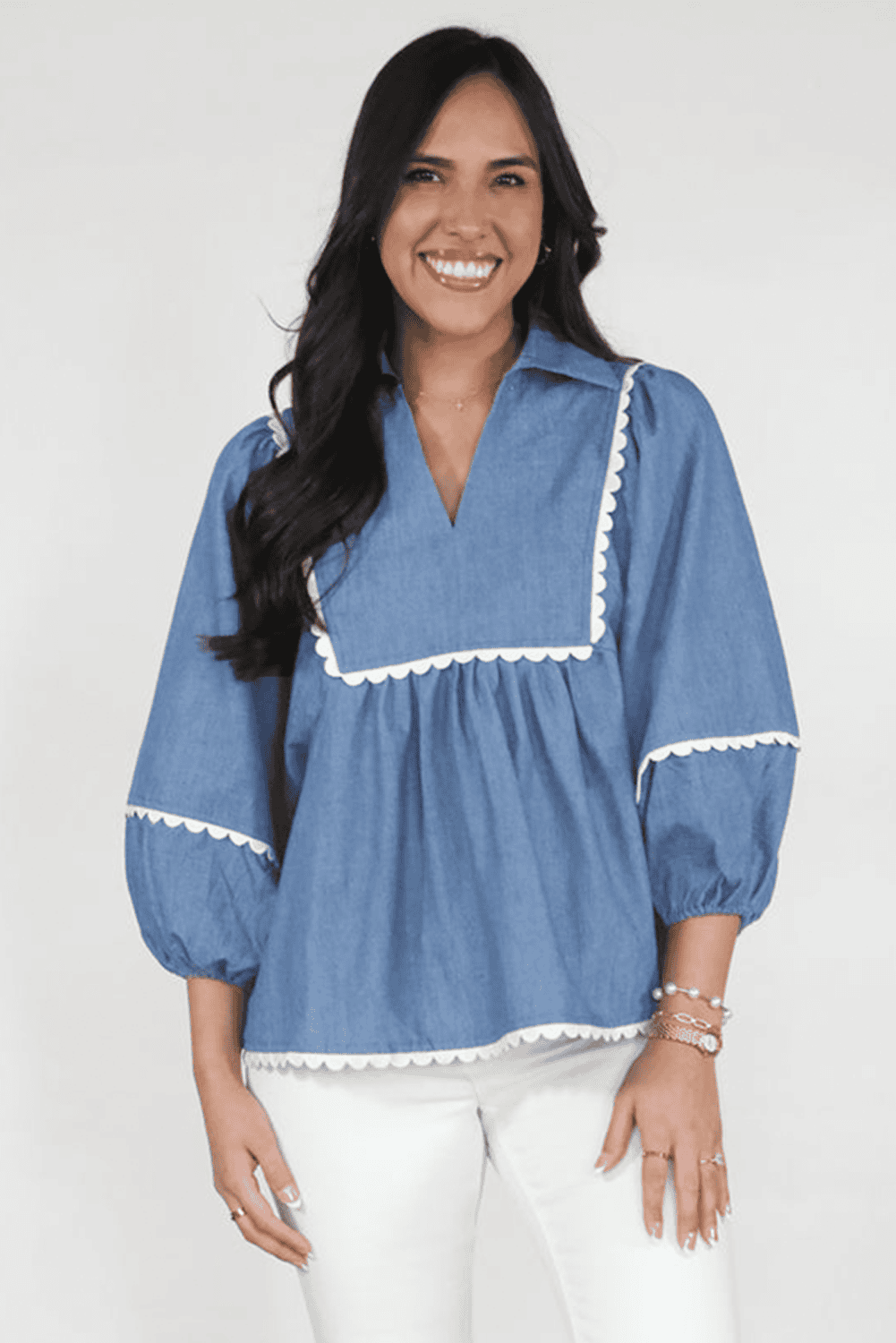 Dusk Blue Lace Ric Rac 3/4 Puff Sleeve Collared Babydoll Blouse