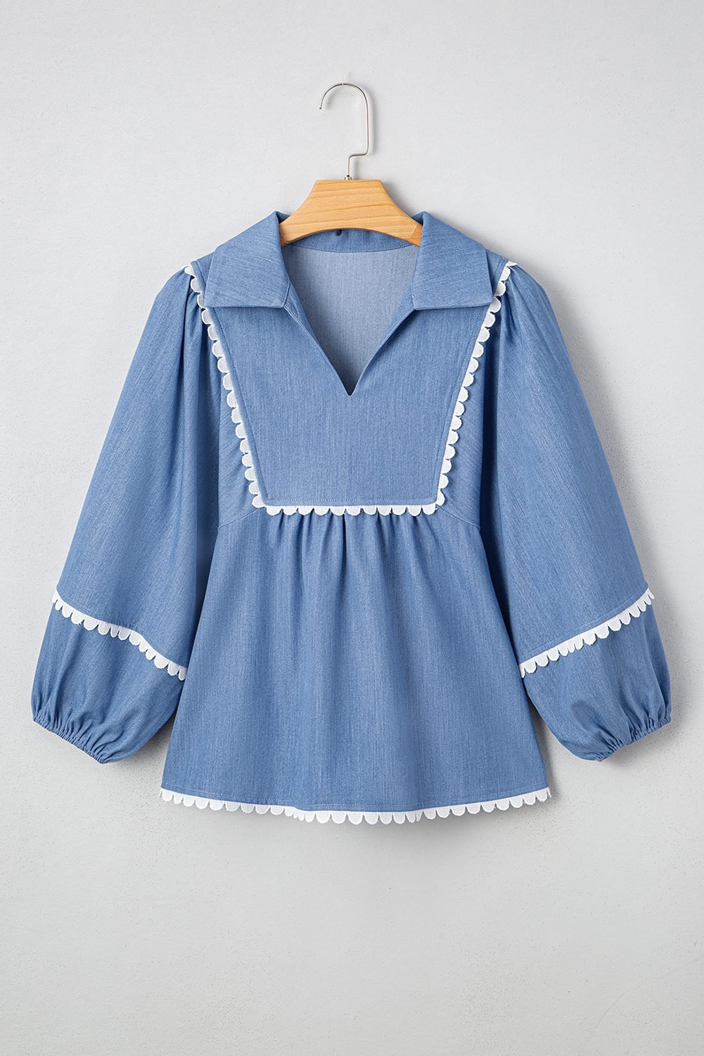 Dusk Blue Lace Ric Rac 3/4 Puff Sleeve Collared Babydoll Blouse