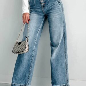 Dusk Blue Multi Buttons Medium Wash Straight Loose Leg Jeans