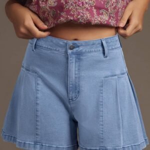 Dusk Blue Pleated Patchwork Wide Leg Lightweight Denim Shorts