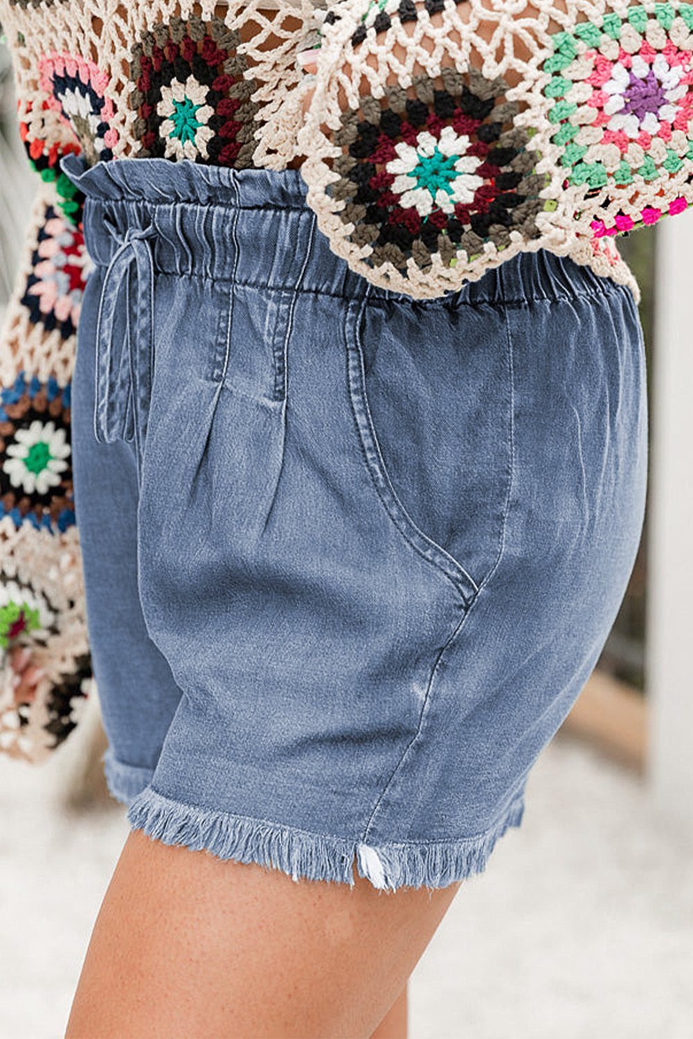 Dusk Blue Raw Hem Lace-Up High Waist Plus Size Denim Shorts
