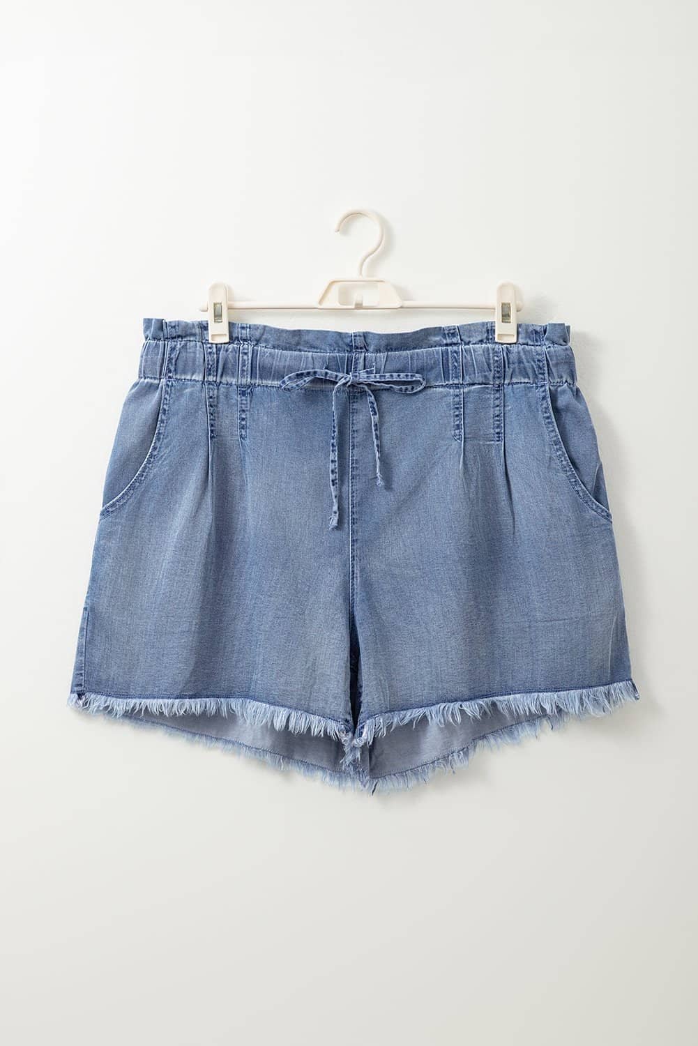 Dusk Blue Raw Hem Lace-Up High Waist Plus Size Denim Shorts