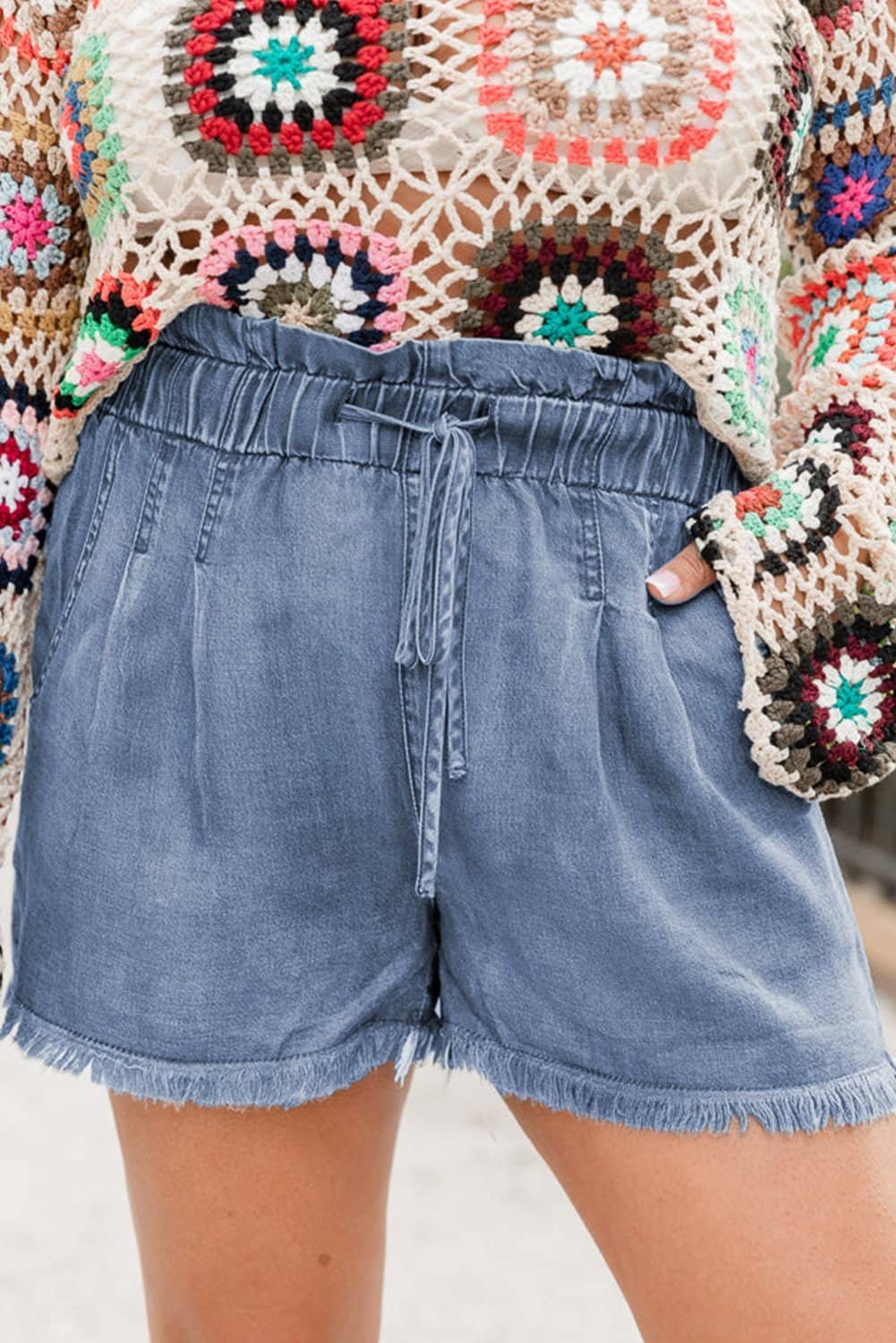 Dusk Blue Raw Hem Lace-Up High Waist Plus Size Denim Shorts