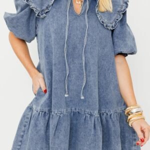 Dusk Blue Ruffled Collared Side Pockets Puff Sleeve Denim Mini Dress