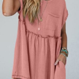 Dusty Pink Corded Knit Textured Patched Pocket Frilled Swing Mini Dress With Pockets