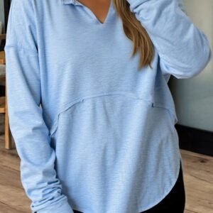 Myosotis Notched Neck Terry Raw Hem Long Sleeve Top