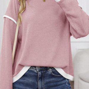 Light Pink Contrast Color Trim Knit Drop Shoulder Loose Top
