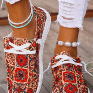 Fiery Red Western Printed Lacing Flat Slip On Shoes