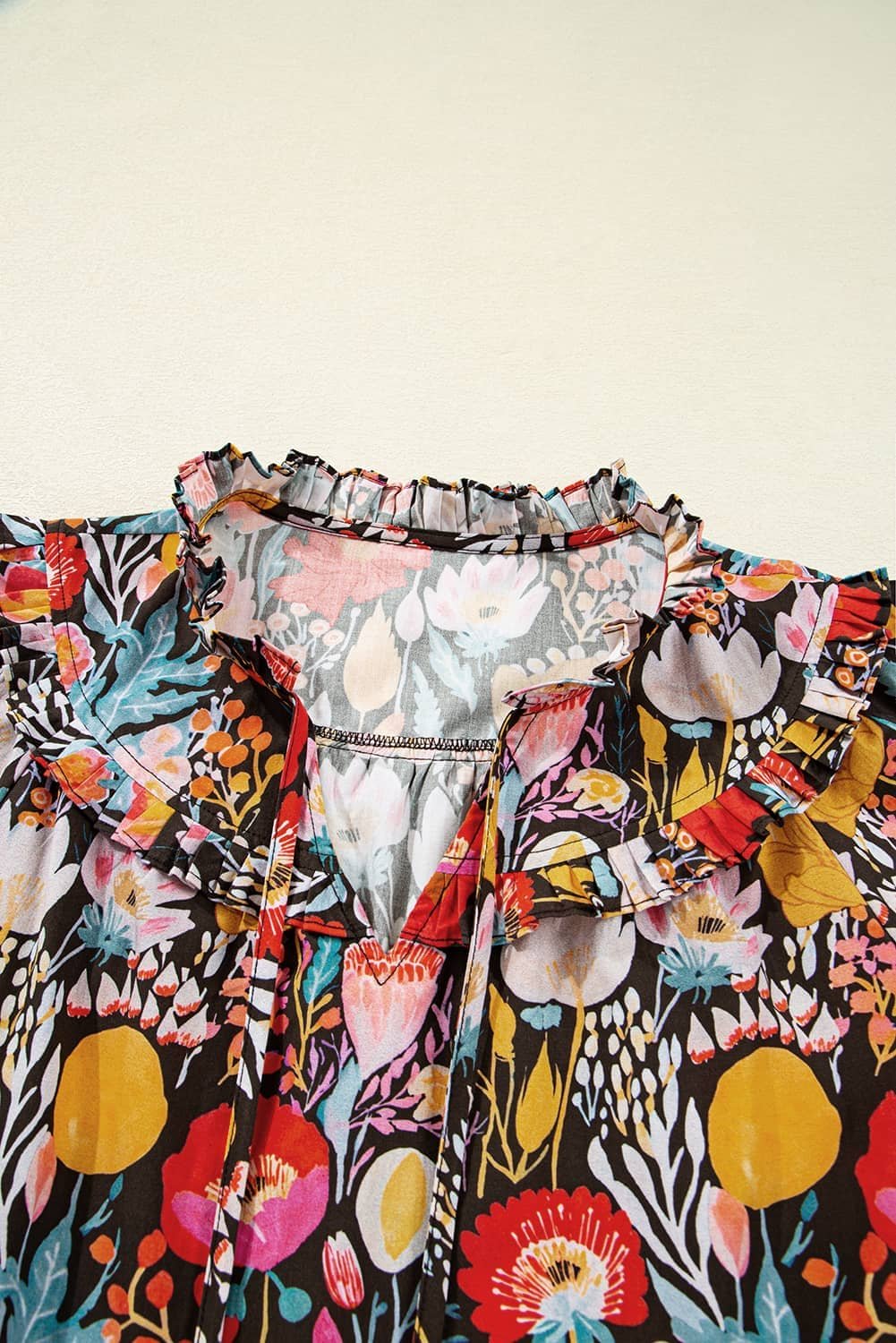 Black Floral 3/4 Puff Sleeve Tied Neck Blouse