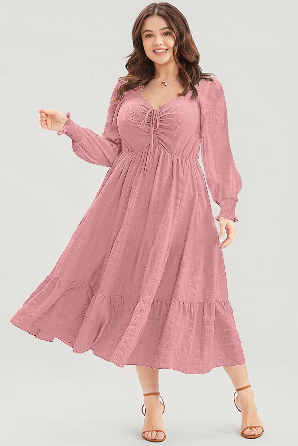 Pink Lace-Up Ruched Front Long Sleeve Ruffle Hem Plus Size Midi Dress