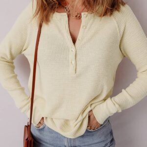 Oatmeal Textured Knit Half Buttons Henley Top