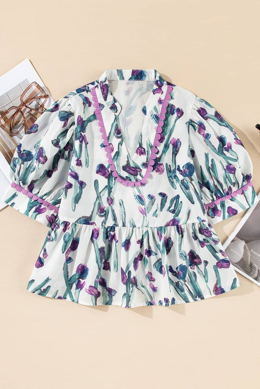 Purple Floral Ricrac Trim Half Sleeve Peplum Top