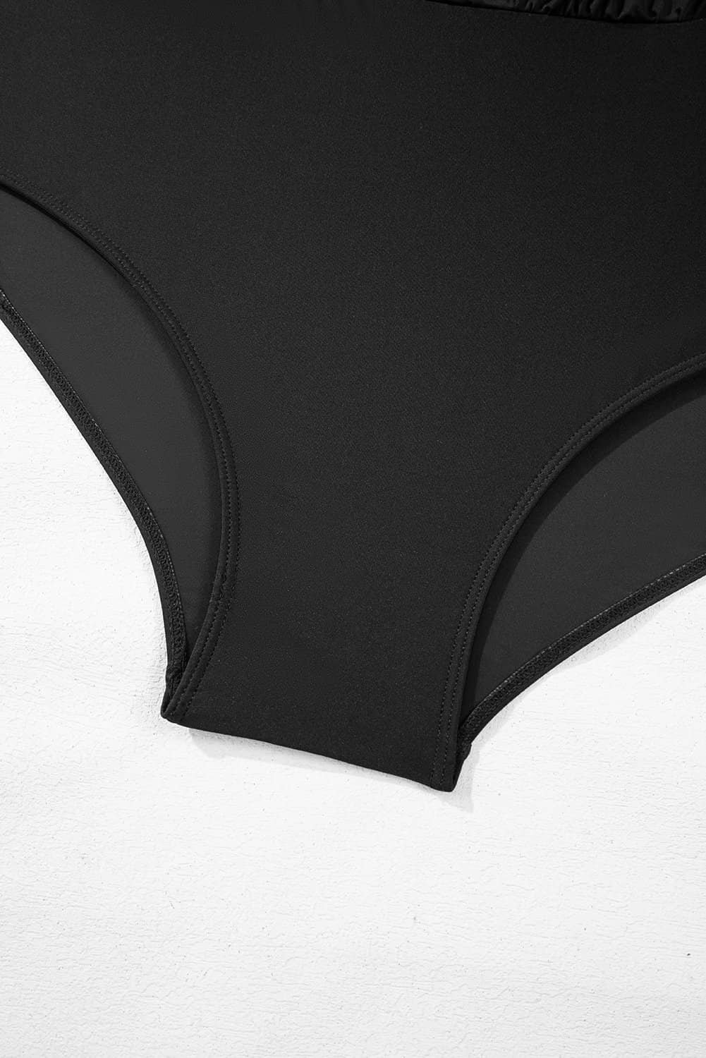 Black Plus Size Printed Square Neck Drawstring Ruffled Tankini Set