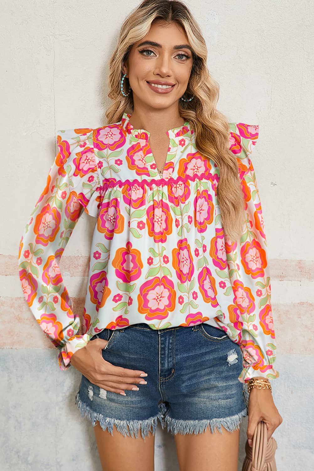 Rose Floral Printed Ruffled Long Sleeve Blouse
