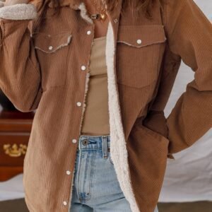 Cinnamon Fleece Lined Buttoned Flap Pockets Corduroy Jacket