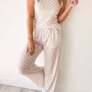 White Ribbed Texture Checkered Print 2Pcs Tank And Pants Set