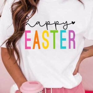 White Happy Easter Round Neck Graphic Tee