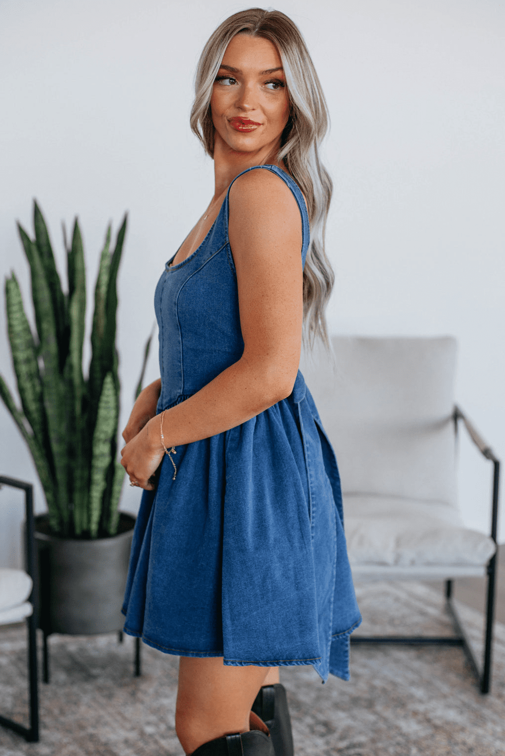 Sail Blue Square Neck Bowknot A-Line Sleeveless Denim Dress