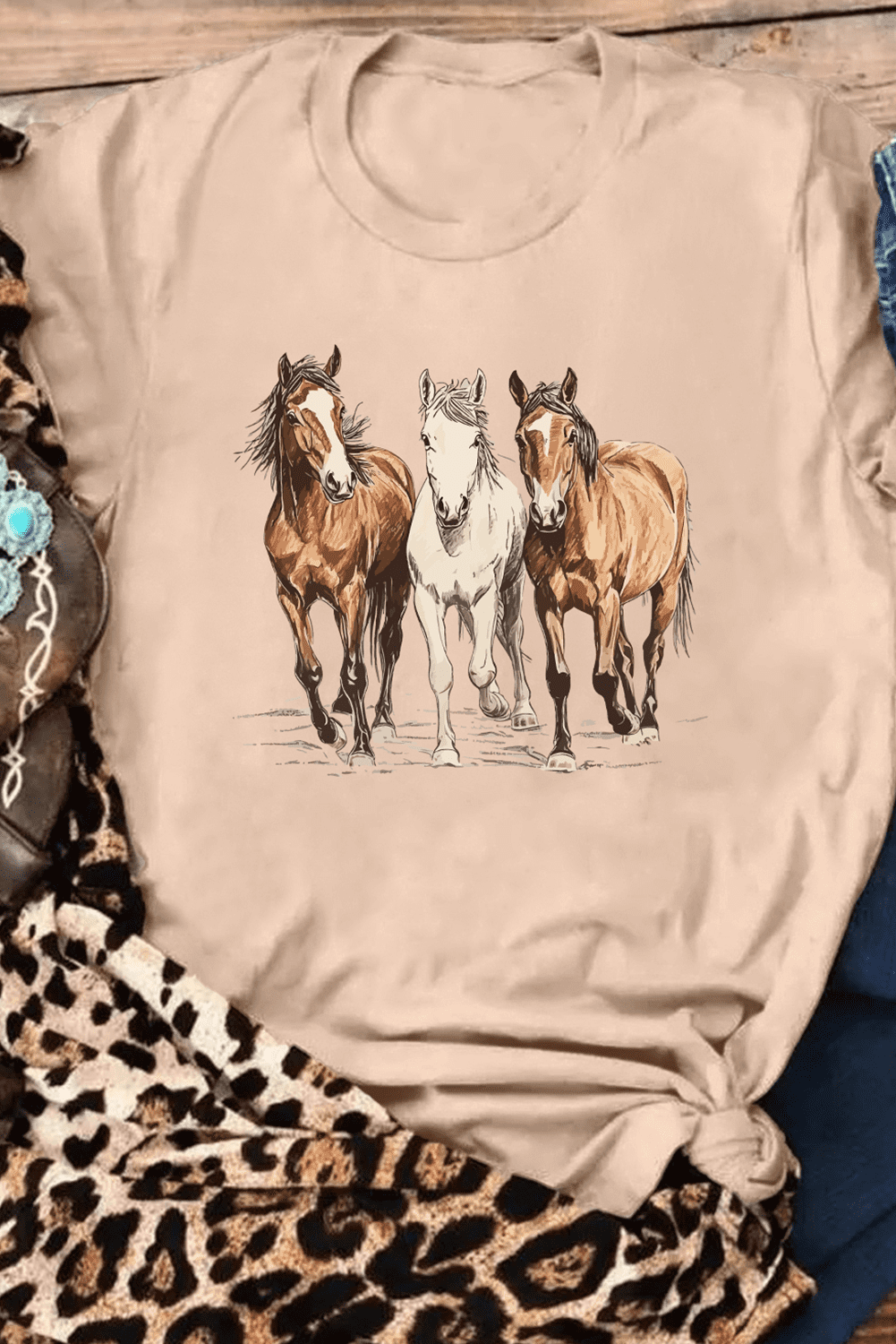 Khaki Gallant Horses Printed Casual T Shirt