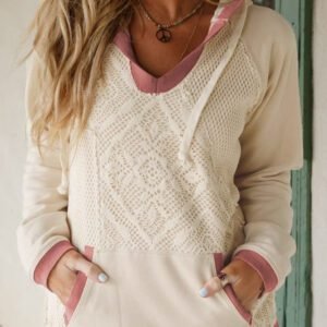 White Contrast Trim Crochet Knit Patchwork Exposed Seam Hoodie