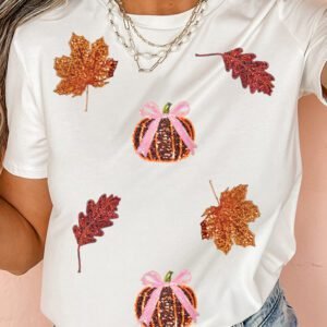White Sequined Pumpkin Leaves Fall Vibe Graphic T Shirt