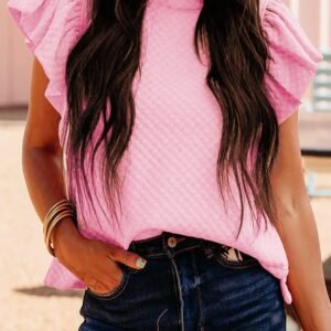 Pink Textured Ruffle Short Sleeve Pullover Top