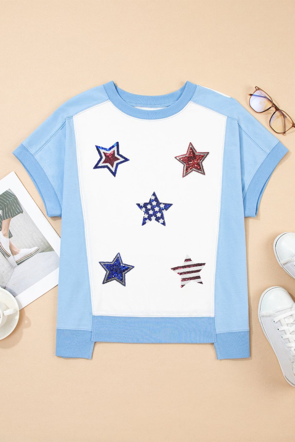 Sky Blue Patriotic Star Patched Colorblock T Shirt