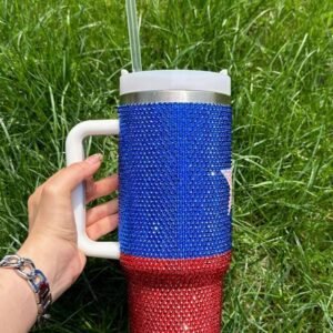 Dark Blue American Flag Star Full Rhinestone Handle Tumbler 40Oz