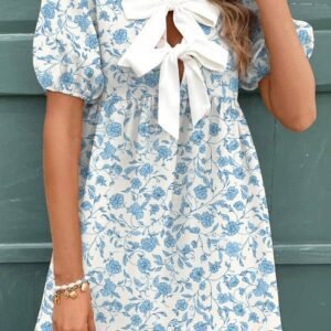 Sky Blue Floral Contrast Bow Puff Sleeve Mini Dress