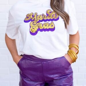 White Mardi Gras Sequin Graphic T-Shirt