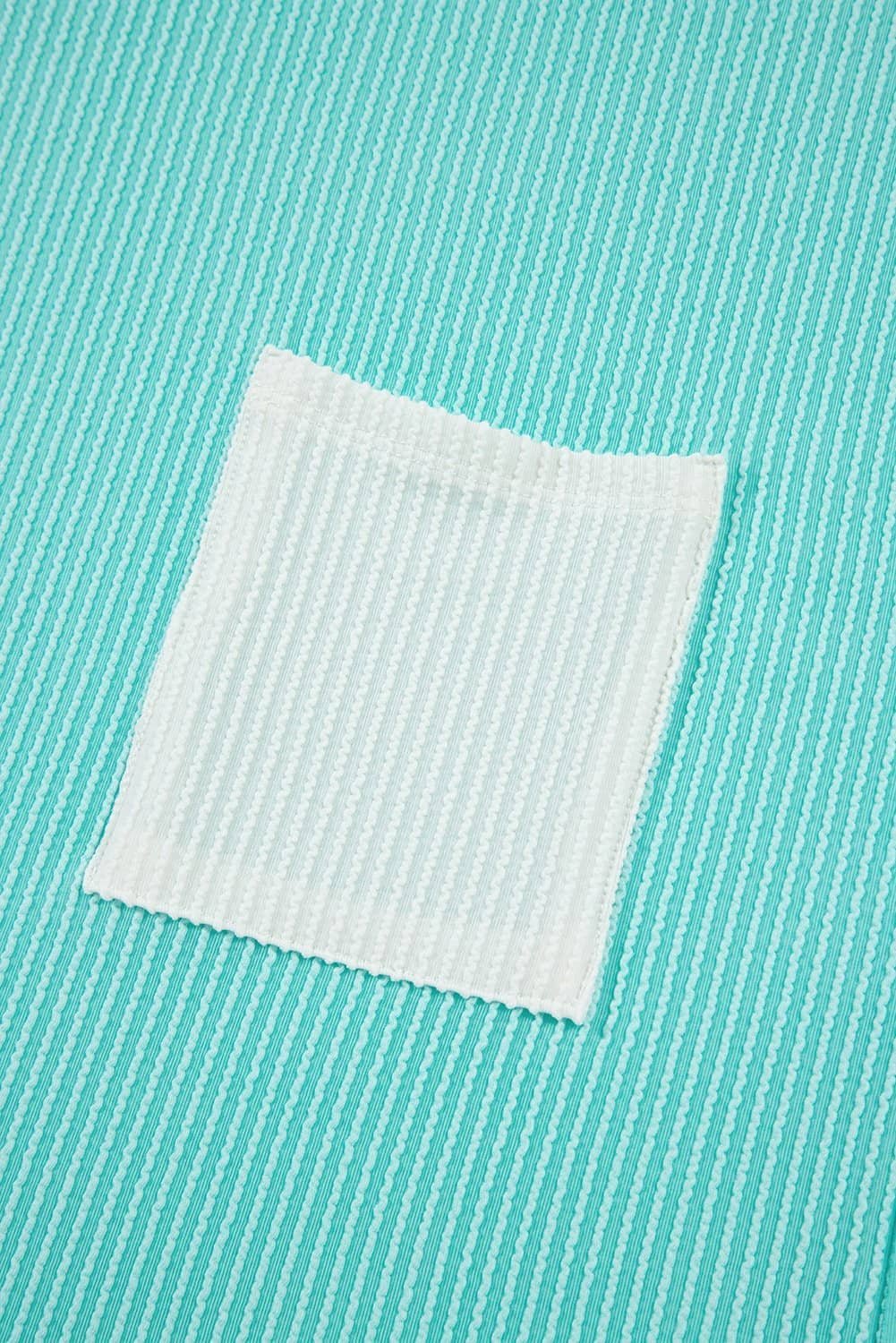 Light Blue Corded Knit Color Block Pocketed Crew Neck T Shirt