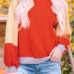 Orange Color Block Side Slits Raglan Sleeve Loose Fit Top