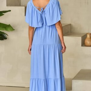 Sky Blue Textured V Neck Flutter Sleeve Ruffled Maxi Dress