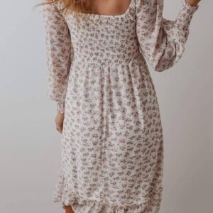 White Floral Print Shirred Ruffled Hem Square Neck Midi Dress