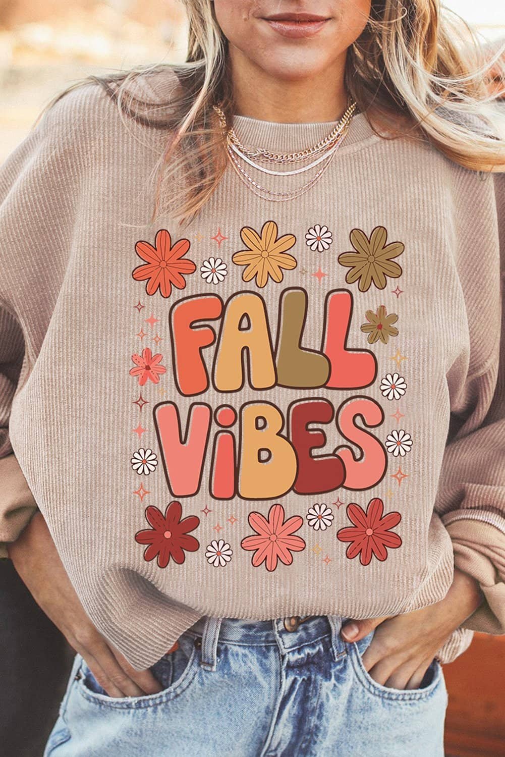 Apricot Twisted Rib Fall Vibe Graphic Baggy Sweatshirt