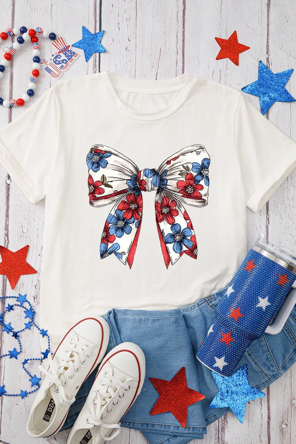 White July 4Th Flower Bowknot Print Crew Neck T Shirt