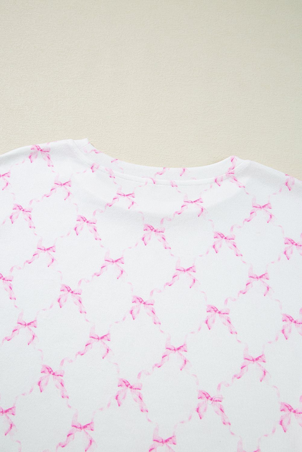 Pink Bow Knot Geometric Print Lettuce Trim Two Piece Lounge Set