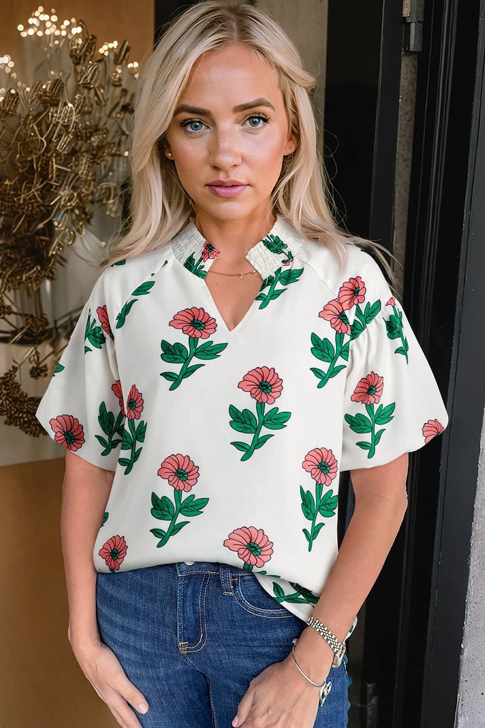 Beige Floral Print Shirred Split Neck Short Sleeve Blouse