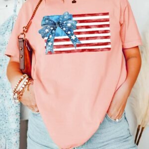 Pink Starry Bow American Flag Graphic T Shirt