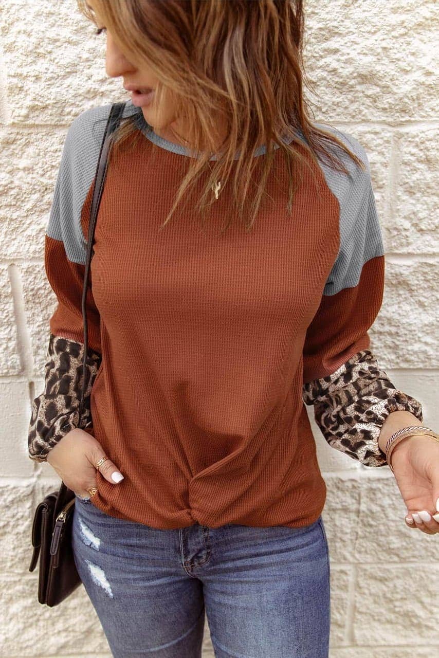 Leopard Long Sleeve Waffle Knit Orange Blouse With Twist Knot