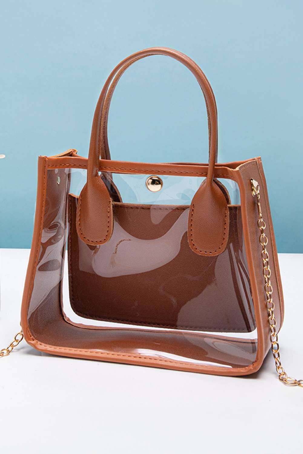 Chestnut Pvc Pu Leather Patchwork Chain Strap Shoulder Bag